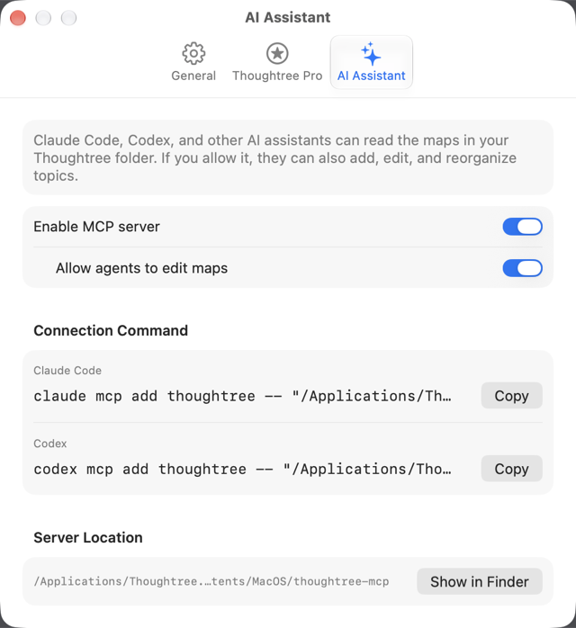 The Settings > AI Assistant tab on Mac, with the MCP server toggle, edit permission toggle, and connection commands for Claude Code and Codex